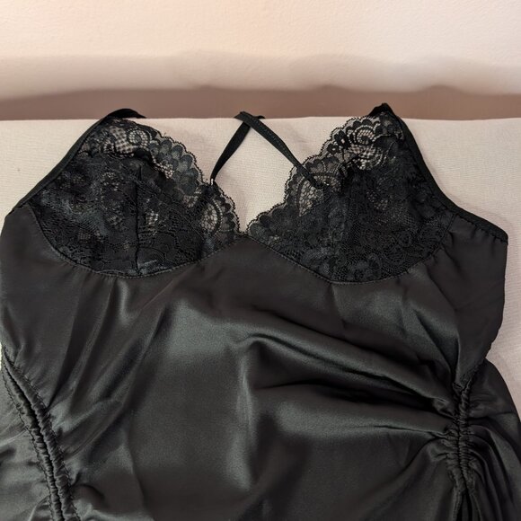 Black Satin Lace Mini Nightgown Ruched Sides Single Strap Chemise - Picture 5 of 11
